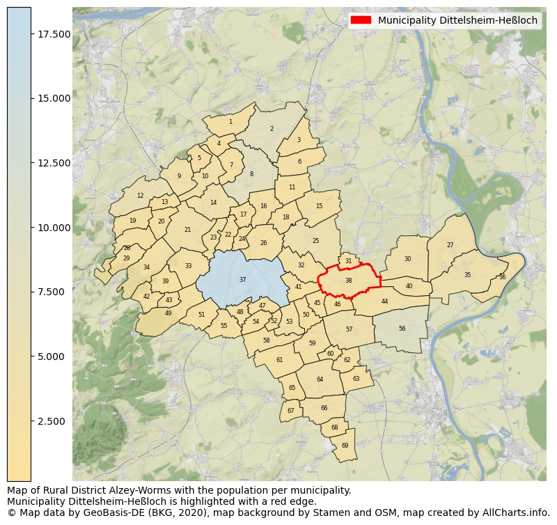 Map of Rural district Alzey-Worms with the population per municipality.Municipality Dittelsheim-Heßloch is highlighted with a red edge.. This page shows a lot of information about residents (such as the distribution by age groups, family composition, gender, native or German with an immigration background, ...), homes (numbers, types, price development, use, type of property, ...) and more (car ownership, energy consumption, ...) based on open data from the German Federal Agency for Cartography, the Federal Statistical Office (DESTATIS), the Regional Statistical Offices and various other sources!