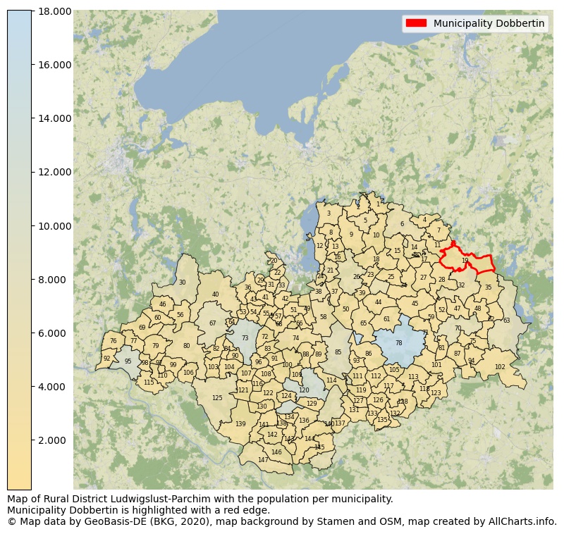 Map of Rural district Ludwigslust-Parchim with the population per municipality.Municipality Dobbertin is highlighted with a red edge.. This page shows a lot of information about residents (such as the distribution by age groups, family composition, gender, native or German with an immigration background, ...), homes (numbers, types, price development, use, type of property, ...) and more (car ownership, energy consumption, ...) based on open data from the German Federal Agency for Cartography, the Federal Statistical Office (DESTATIS), the Regional Statistical Offices and various other sources!