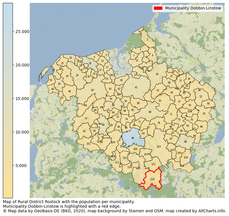 Map of Rural district Rostock with the population per municipality.Municipality Dobbin-Linstow is highlighted with a red edge.. This page shows a lot of information about residents (such as the distribution by age groups, family composition, gender, native or German with an immigration background, ...), homes (numbers, types, price development, use, type of property, ...) and more (car ownership, energy consumption, ...) based on open data from the German Federal Agency for Cartography, the Federal Statistical Office (DESTATIS), the Regional Statistical Offices and various other sources!