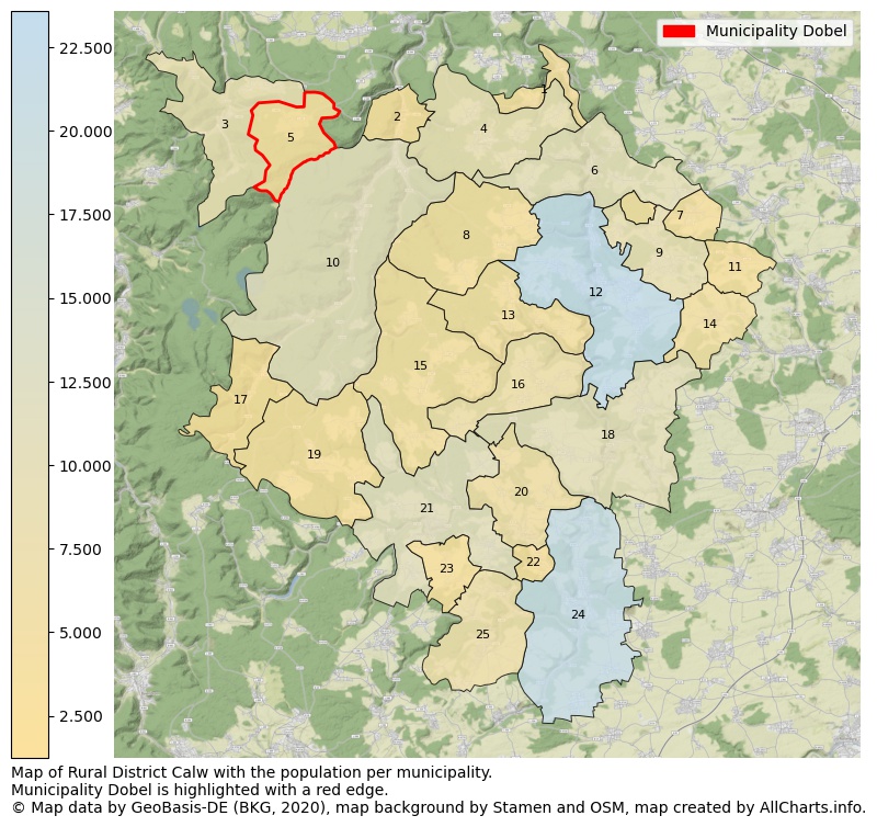 Map of Rural district Calw with the population per municipality.Municipality Dobel is highlighted with a red edge.. This page shows a lot of information about residents (such as the distribution by age groups, family composition, gender, native or German with an immigration background, ...), homes (numbers, types, price development, use, type of property, ...) and more (car ownership, energy consumption, ...) based on open data from the German Federal Agency for Cartography, the Federal Statistical Office (DESTATIS), the Regional Statistical Offices and various other sources!