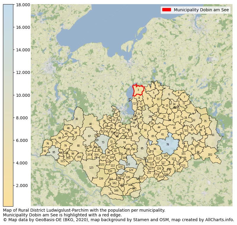 Map of Rural district Ludwigslust-Parchim with the population per municipality.Municipality Dobin am See is highlighted with a red edge.. This page shows a lot of information about residents (such as the distribution by age groups, family composition, gender, native or German with an immigration background, ...), homes (numbers, types, price development, use, type of property, ...) and more (car ownership, energy consumption, ...) based on open data from the German Federal Agency for Cartography, the Federal Statistical Office (DESTATIS), the Regional Statistical Offices and various other sources!