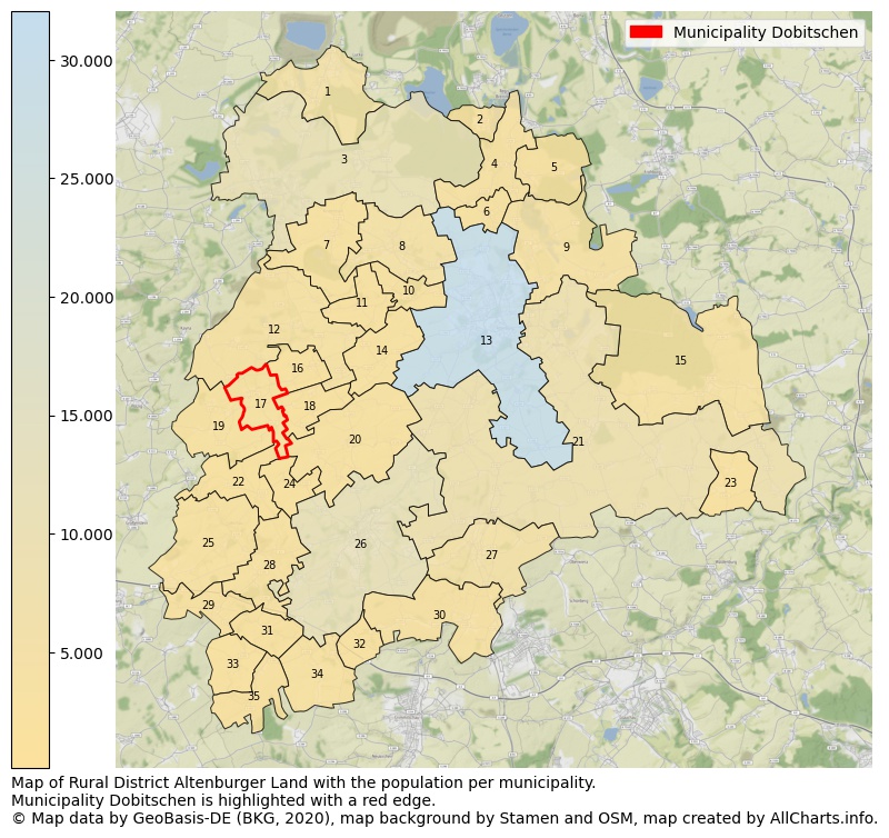 Map of Rural district Altenburger Land with the population per municipality.Municipality Dobitschen is highlighted with a red edge.. This page shows a lot of information about residents (such as the distribution by age groups, family composition, gender, native or German with an immigration background, ...), homes (numbers, types, price development, use, type of property, ...) and more (car ownership, energy consumption, ...) based on open data from the German Federal Agency for Cartography, the Federal Statistical Office (DESTATIS), the Regional Statistical Offices and various other sources!