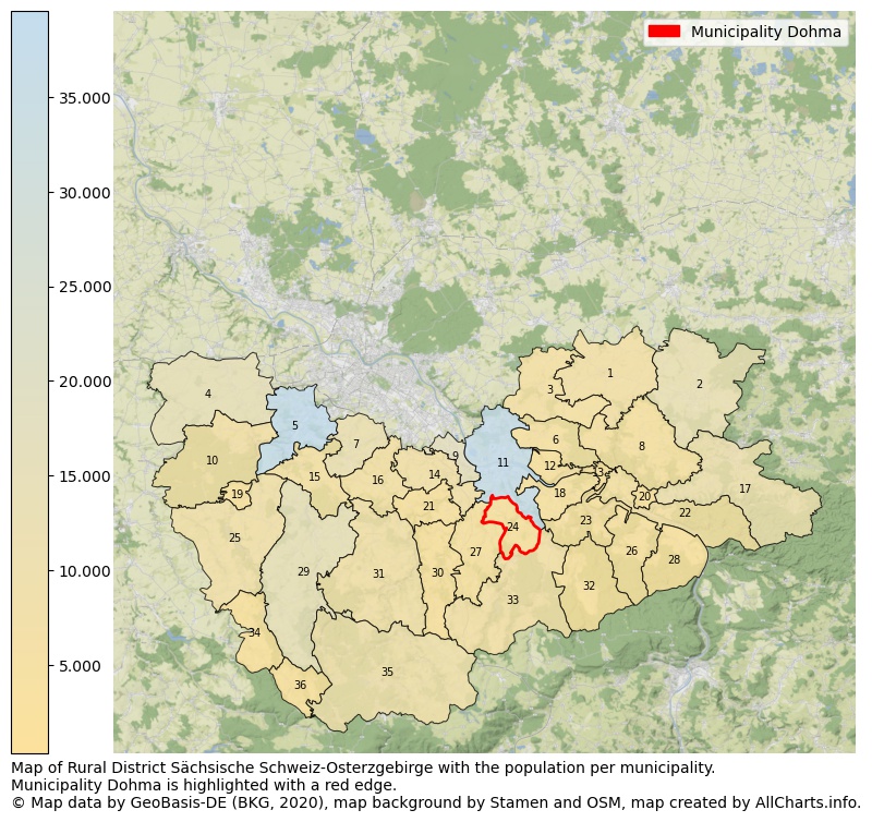 Map of Rural district Sächsische Schweiz-Osterzgebirge with the population per municipality.Municipality Dohma is highlighted with a red edge.. This page shows a lot of information about residents (such as the distribution by age groups, family composition, gender, native or German with an immigration background, ...), homes (numbers, types, price development, use, type of property, ...) and more (car ownership, energy consumption, ...) based on open data from the German Federal Agency for Cartography, the Federal Statistical Office (DESTATIS), the Regional Statistical Offices and various other sources!