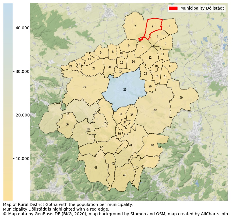 Map of Rural district Gotha with the population per municipality.Municipality Döllstädt is highlighted with a red edge.. This page shows a lot of information about residents (such as the distribution by age groups, family composition, gender, native or German with an immigration background, ...), homes (numbers, types, price development, use, type of property, ...) and more (car ownership, energy consumption, ...) based on open data from the German Federal Agency for Cartography, the Federal Statistical Office (DESTATIS), the Regional Statistical Offices and various other sources!
