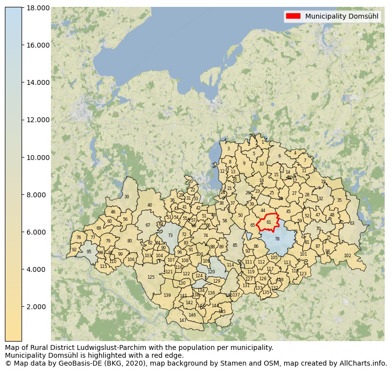 Map of Rural district Ludwigslust-Parchim with the population per municipality.Municipality Domsühl is highlighted with a red edge.. This page shows a lot of information about residents (such as the distribution by age groups, family composition, gender, native or German with an immigration background, ...), homes (numbers, types, price development, use, type of property, ...) and more (car ownership, energy consumption, ...) based on open data from the German Federal Agency for Cartography, the Federal Statistical Office (DESTATIS), the Regional Statistical Offices and various other sources!