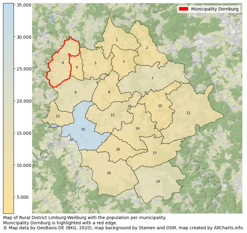 Map of Rural district Limburg-Weilburg with the population per municipality.Municipality Dornburg is highlighted with a red edge.. This page shows a lot of information about residents (such as the distribution by age groups, family composition, gender, native or German with an immigration background, ...), homes (numbers, types, price development, use, type of property, ...) and more (car ownership, energy consumption, ...) based on open data from the German Federal Agency for Cartography, the Federal Statistical Office (DESTATIS), the Regional Statistical Offices and various other sources!