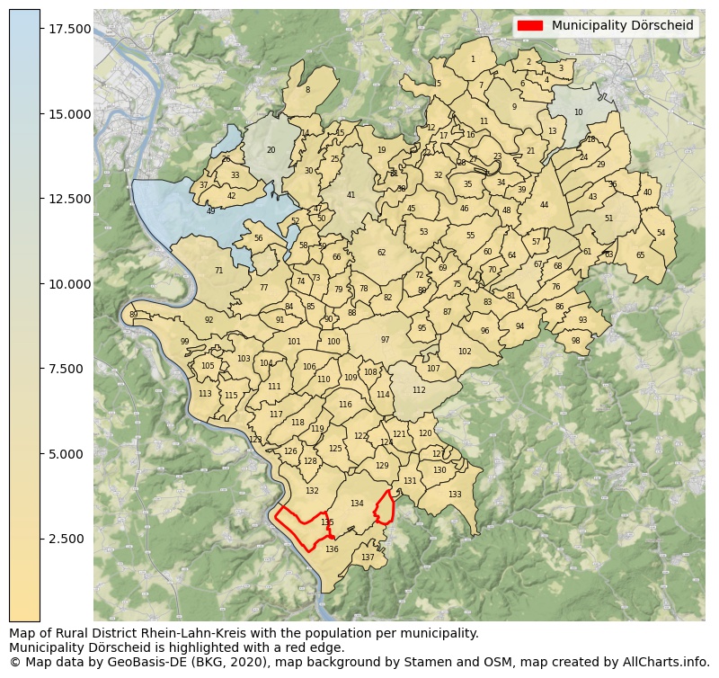 Map of Rural district Rhein-Lahn-Kreis with the population per municipality.Municipality Dörscheid is highlighted with a red edge.. This page shows a lot of information about residents (such as the distribution by age groups, family composition, gender, native or German with an immigration background, ...), homes (numbers, types, price development, use, type of property, ...) and more (car ownership, energy consumption, ...) based on open data from the German Federal Agency for Cartography, the Federal Statistical Office (DESTATIS), the Regional Statistical Offices and various other sources!