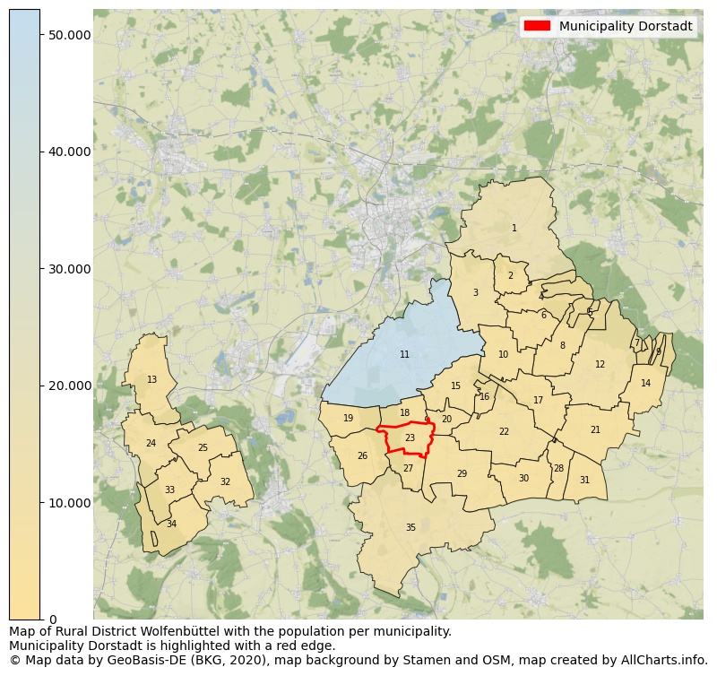 Map of Rural district Wolfenbüttel with the population per municipality.Municipality Dorstadt is highlighted with a red edge.. This page shows a lot of information about residents (such as the distribution by age groups, family composition, gender, native or German with an immigration background, ...), homes (numbers, types, price development, use, type of property, ...) and more (car ownership, energy consumption, ...) based on open data from the German Federal Agency for Cartography, the Federal Statistical Office (DESTATIS), the Regional Statistical Offices and various other sources!