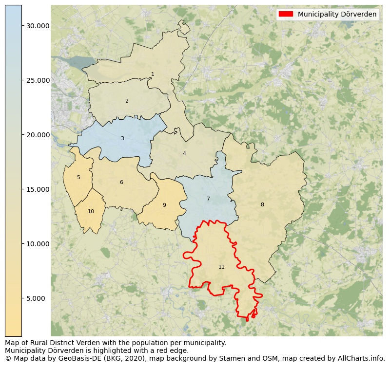 Map of Rural district Verden with the population per municipality.Municipality Dörverden is highlighted with a red edge.. This page shows a lot of information about residents (such as the distribution by age groups, family composition, gender, native or German with an immigration background, ...), homes (numbers, types, price development, use, type of property, ...) and more (car ownership, energy consumption, ...) based on open data from the German Federal Agency for Cartography, the Federal Statistical Office (DESTATIS), the Regional Statistical Offices and various other sources!