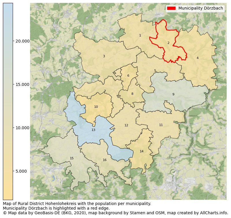 Map of Rural district Hohenlohekreis with the population per municipality.Municipality Dörzbach is highlighted with a red edge.. This page shows a lot of information about residents (such as the distribution by age groups, family composition, gender, native or German with an immigration background, ...), homes (numbers, types, price development, use, type of property, ...) and more (car ownership, energy consumption, ...) based on open data from the German Federal Agency for Cartography, the Federal Statistical Office (DESTATIS), the Regional Statistical Offices and various other sources!