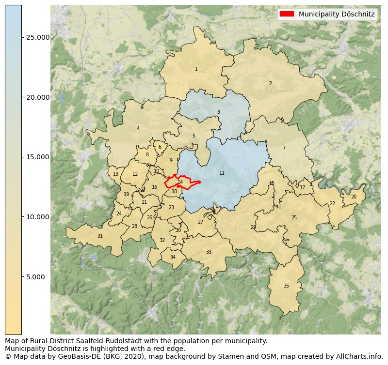 Map of Rural district Saalfeld-Rudolstadt with the population per municipality.Municipality Döschnitz is highlighted with a red edge.. This page shows a lot of information about residents (such as the distribution by age groups, family composition, gender, native or German with an immigration background, ...), homes (numbers, types, price development, use, type of property, ...) and more (car ownership, energy consumption, ...) based on open data from the German Federal Agency for Cartography, the Federal Statistical Office (DESTATIS), the Regional Statistical Offices and various other sources!