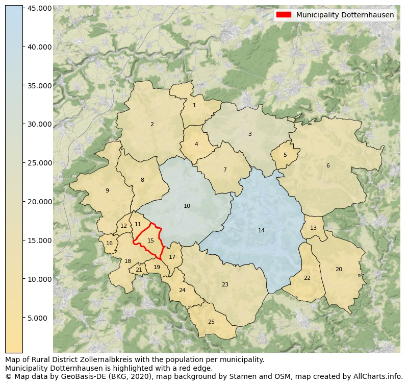 Map of Rural district Zollernalbkreis with the population per municipality.Municipality Dotternhausen is highlighted with a red edge.. This page shows a lot of information about residents (such as the distribution by age groups, family composition, gender, native or German with an immigration background, ...), homes (numbers, types, price development, use, type of property, ...) and more (car ownership, energy consumption, ...) based on open data from the German Federal Agency for Cartography, the Federal Statistical Office (DESTATIS), the Regional Statistical Offices and various other sources!