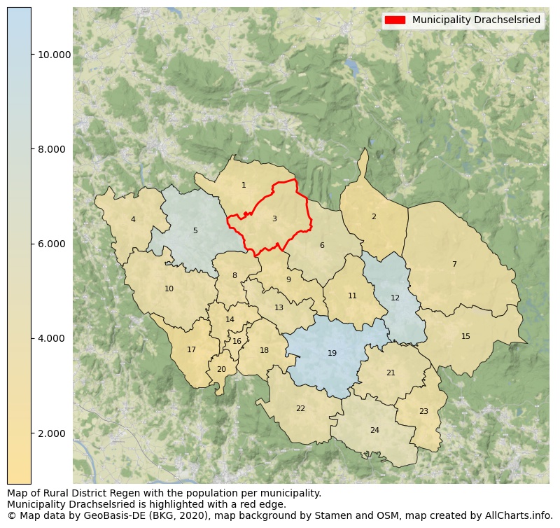 Map of Rural district Regen with the population per municipality.Municipality Drachselsried is highlighted with a red edge.. This page shows a lot of information about residents (such as the distribution by age groups, family composition, gender, native or German with an immigration background, ...), homes (numbers, types, price development, use, type of property, ...) and more (car ownership, energy consumption, ...) based on open data from the German Federal Agency for Cartography, the Federal Statistical Office (DESTATIS), the Regional Statistical Offices and various other sources!