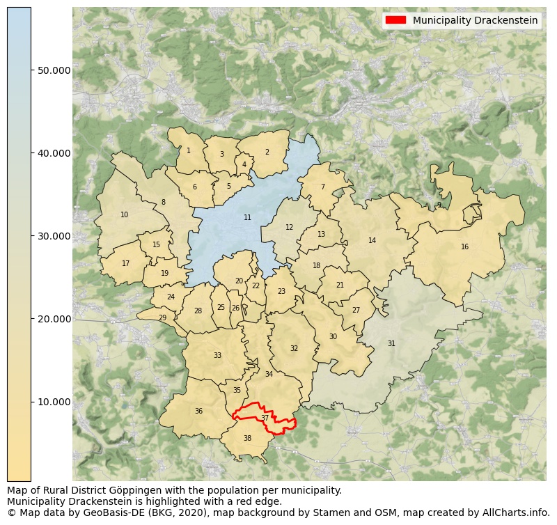 Map of Rural district Göppingen with the population per municipality.Municipality Drackenstein is highlighted with a red edge.. This page shows a lot of information about residents (such as the distribution by age groups, family composition, gender, native or German with an immigration background, ...), homes (numbers, types, price development, use, type of property, ...) and more (car ownership, energy consumption, ...) based on open data from the German Federal Agency for Cartography, the Federal Statistical Office (DESTATIS), the Regional Statistical Offices and various other sources!