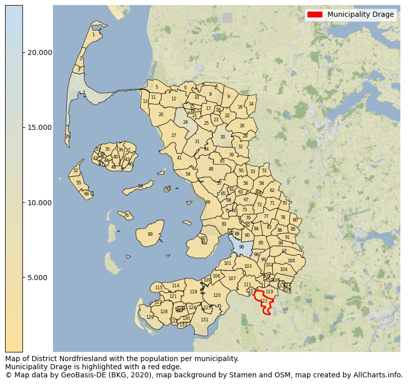 Map of District Nordfriesland with the population per municipality.Municipality Drage is highlighted with a red edge.. This page shows a lot of information about residents (such as the distribution by age groups, family composition, gender, native or German with an immigration background, ...), homes (numbers, types, price development, use, type of property, ...) and more (car ownership, energy consumption, ...) based on open data from the German Federal Agency for Cartography, the Federal Statistical Office (DESTATIS), the Regional Statistical Offices and various other sources!