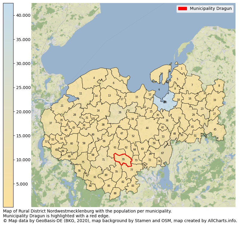 Map of Rural district Nordwestmecklenburg with the population per municipality.Municipality Dragun is highlighted with a red edge.. This page shows a lot of information about residents (such as the distribution by age groups, family composition, gender, native or German with an immigration background, ...), homes (numbers, types, price development, use, type of property, ...) and more (car ownership, energy consumption, ...) based on open data from the German Federal Agency for Cartography, the Federal Statistical Office (DESTATIS), the Regional Statistical Offices and various other sources!