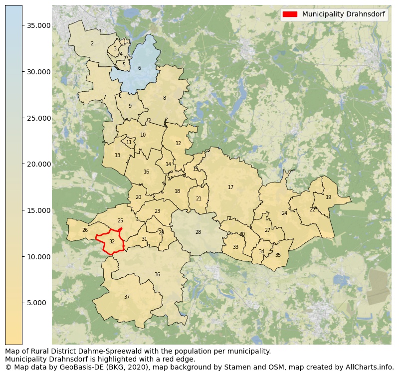 Map of Rural district Dahme-Spreewald with the population per municipality.Municipality Drahnsdorf is highlighted with a red edge.. This page shows a lot of information about residents (such as the distribution by age groups, family composition, gender, native or German with an immigration background, ...), homes (numbers, types, price development, use, type of property, ...) and more (car ownership, energy consumption, ...) based on open data from the German Federal Agency for Cartography, the Federal Statistical Office (DESTATIS), the Regional Statistical Offices and various other sources!