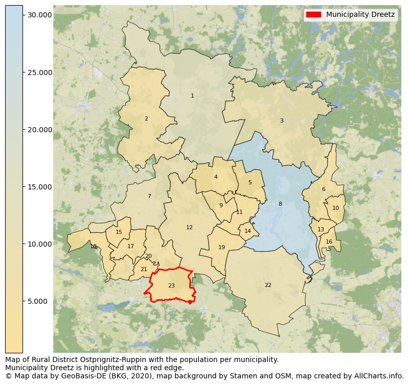 Map of Rural district Ostprignitz-Ruppin with the population per municipality.Municipality Dreetz is highlighted with a red edge.. This page shows a lot of information about residents (such as the distribution by age groups, family composition, gender, native or German with an immigration background, ...), homes (numbers, types, price development, use, type of property, ...) and more (car ownership, energy consumption, ...) based on open data from the German Federal Agency for Cartography, the Federal Statistical Office (DESTATIS), the Regional Statistical Offices and various other sources!