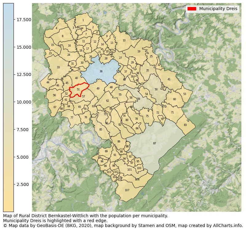 Map of Rural district Bernkastel-Wittlich with the population per municipality.Municipality Dreis is highlighted with a red edge.. This page shows a lot of information about residents (such as the distribution by age groups, family composition, gender, native or German with an immigration background, ...), homes (numbers, types, price development, use, type of property, ...) and more (car ownership, energy consumption, ...) based on open data from the German Federal Agency for Cartography, the Federal Statistical Office (DESTATIS), the Regional Statistical Offices and various other sources!