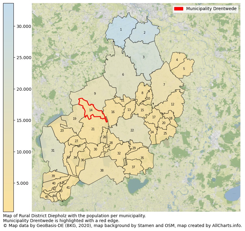 Map of Rural district Diepholz with the population per municipality.Municipality Drentwede is highlighted with a red edge.. This page shows a lot of information about residents (such as the distribution by age groups, family composition, gender, native or German with an immigration background, ...), homes (numbers, types, price development, use, type of property, ...) and more (car ownership, energy consumption, ...) based on open data from the German Federal Agency for Cartography, the Federal Statistical Office (DESTATIS), the Regional Statistical Offices and various other sources!
