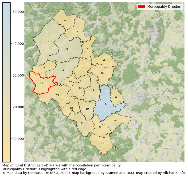 Map of Rural district Lahn-Dill-Kreis with the population per municipality.Municipality Driedorf is highlighted with a red edge.. This page shows a lot of information about residents (such as the distribution by age groups, family composition, gender, native or German with an immigration background, ...), homes (numbers, types, price development, use, type of property, ...) and more (car ownership, energy consumption, ...) based on open data from the German Federal Agency for Cartography, the Federal Statistical Office (DESTATIS), the Regional Statistical Offices and various other sources!