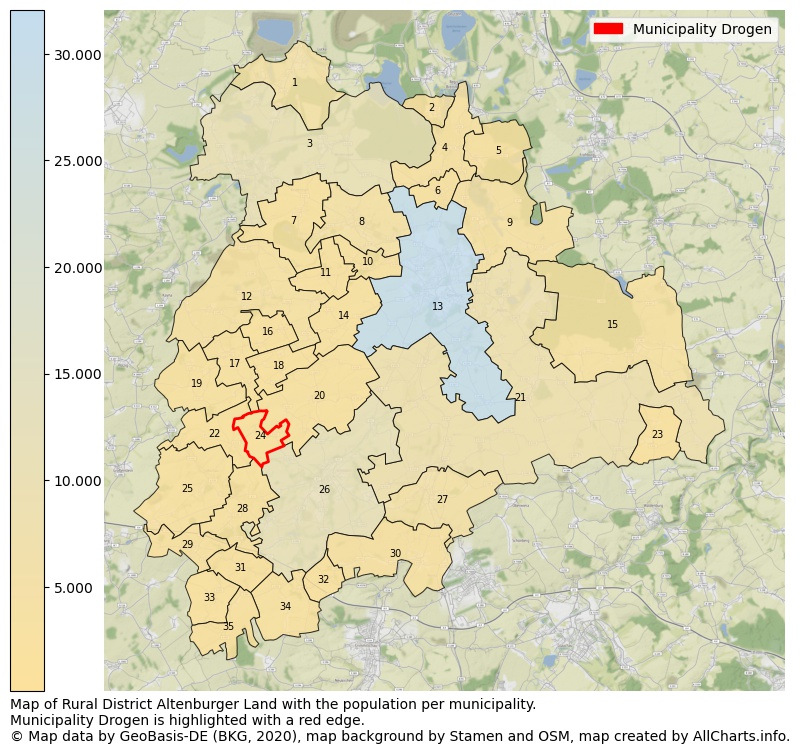 Map of Rural district Altenburger Land with the population per municipality.Municipality Drogen is highlighted with a red edge.. This page shows a lot of information about residents (such as the distribution by age groups, family composition, gender, native or German with an immigration background, ...), homes (numbers, types, price development, use, type of property, ...) and more (car ownership, energy consumption, ...) based on open data from the German Federal Agency for Cartography, the Federal Statistical Office (DESTATIS), the Regional Statistical Offices and various other sources!