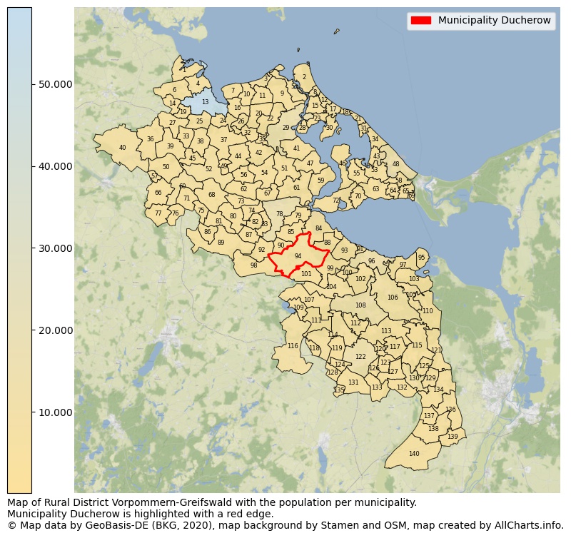 Map of Rural district Vorpommern-Greifswald with the population per municipality.Municipality Ducherow is highlighted with a red edge.. This page shows a lot of information about residents (such as the distribution by age groups, family composition, gender, native or German with an immigration background, ...), homes (numbers, types, price development, use, type of property, ...) and more (car ownership, energy consumption, ...) based on open data from the German Federal Agency for Cartography, the Federal Statistical Office (DESTATIS), the Regional Statistical Offices and various other sources!