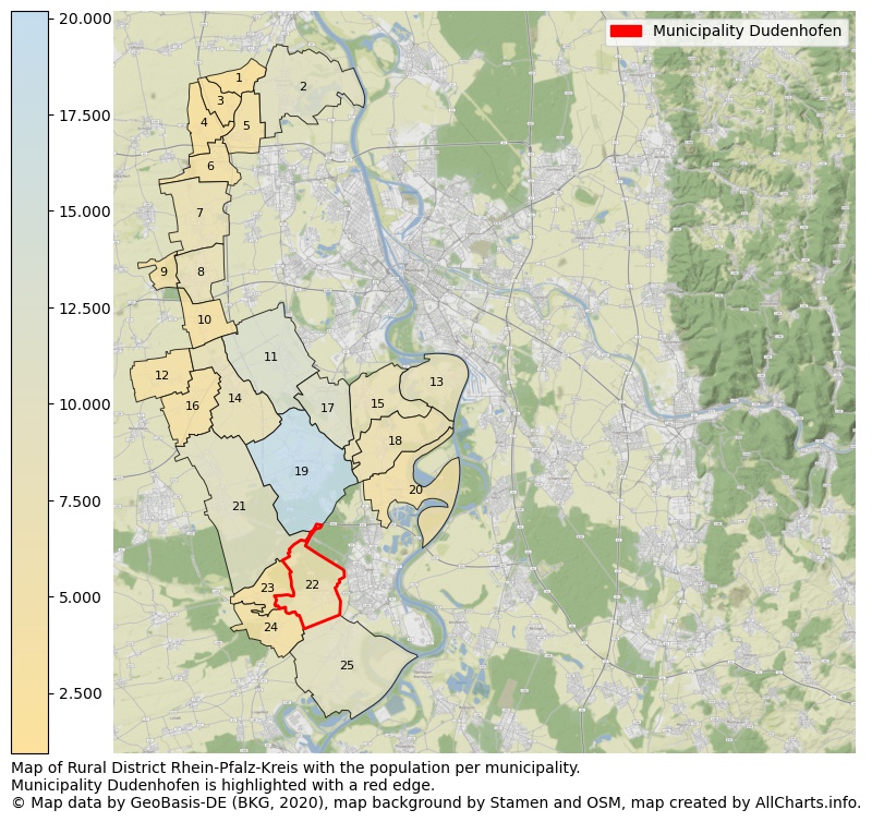 Map of Rural district Rhein-Pfalz-Kreis with the population per municipality.Municipality Dudenhofen is highlighted with a red edge.. This page shows a lot of information about residents (such as the distribution by age groups, family composition, gender, native or German with an immigration background, ...), homes (numbers, types, price development, use, type of property, ...) and more (car ownership, energy consumption, ...) based on open data from the German Federal Agency for Cartography, the Federal Statistical Office (DESTATIS), the Regional Statistical Offices and various other sources!