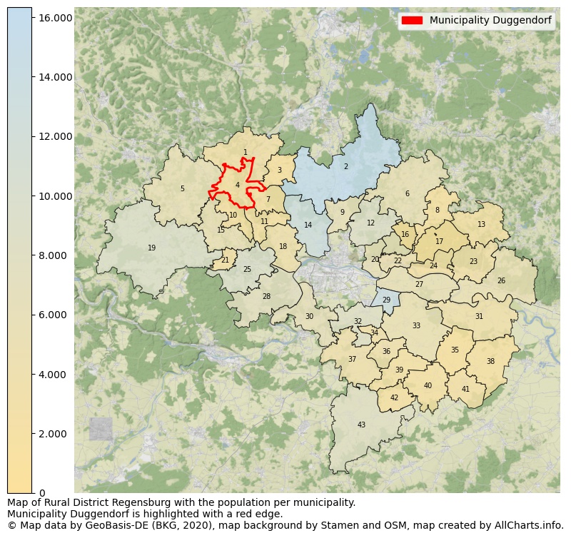 Map of Rural district Regensburg with the population per municipality.Municipality Duggendorf is highlighted with a red edge.. This page shows a lot of information about residents (such as the distribution by age groups, family composition, gender, native or German with an immigration background, ...), homes (numbers, types, price development, use, type of property, ...) and more (car ownership, energy consumption, ...) based on open data from the German Federal Agency for Cartography, the Federal Statistical Office (DESTATIS), the Regional Statistical Offices and various other sources!