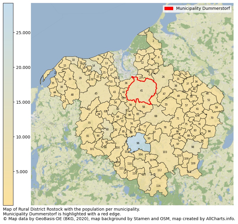 Map of Rural district Rostock with the population per municipality.Municipality Dummerstorf is highlighted with a red edge.. This page shows a lot of information about residents (such as the distribution by age groups, family composition, gender, native or German with an immigration background, ...), homes (numbers, types, price development, use, type of property, ...) and more (car ownership, energy consumption, ...) based on open data from the German Federal Agency for Cartography, the Federal Statistical Office (DESTATIS), the Regional Statistical Offices and various other sources!