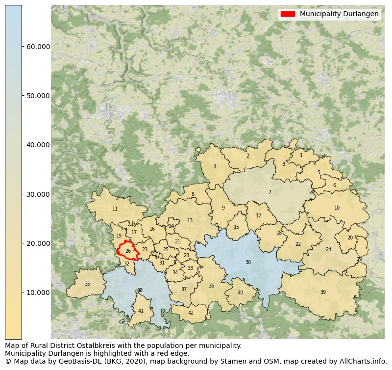 Map of Rural district Ostalbkreis with the population per municipality.Municipality Durlangen is highlighted with a red edge.. This page shows a lot of information about residents (such as the distribution by age groups, family composition, gender, native or German with an immigration background, ...), homes (numbers, types, price development, use, type of property, ...) and more (car ownership, energy consumption, ...) based on open data from the German Federal Agency for Cartography, the Federal Statistical Office (DESTATIS), the Regional Statistical Offices and various other sources!