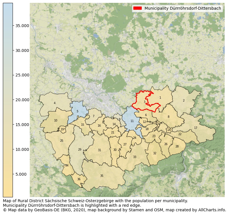 Map of Rural district Sächsische Schweiz-Osterzgebirge with the population per municipality.Municipality Dürrröhrsdorf-Dittersbach is highlighted with a red edge.. This page shows a lot of information about residents (such as the distribution by age groups, family composition, gender, native or German with an immigration background, ...), homes (numbers, types, price development, use, type of property, ...) and more (car ownership, energy consumption, ...) based on open data from the German Federal Agency for Cartography, the Federal Statistical Office (DESTATIS), the Regional Statistical Offices and various other sources!