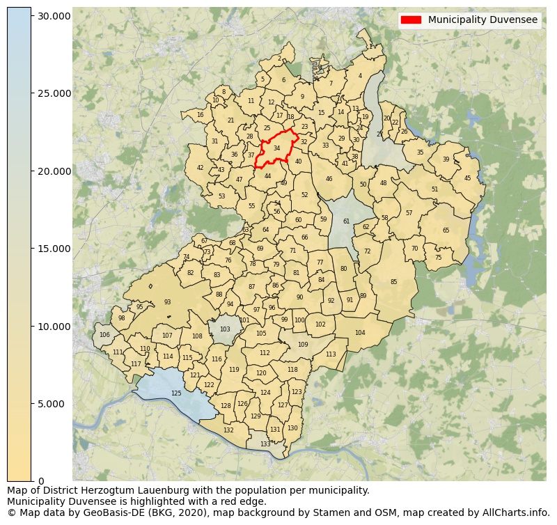 Map of District Herzogtum Lauenburg with the population per municipality.Municipality Duvensee is highlighted with a red edge.. This page shows a lot of information about residents (such as the distribution by age groups, family composition, gender, native or German with an immigration background, ...), homes (numbers, types, price development, use, type of property, ...) and more (car ownership, energy consumption, ...) based on open data from the German Federal Agency for Cartography, the Federal Statistical Office (DESTATIS), the Regional Statistical Offices and various other sources!