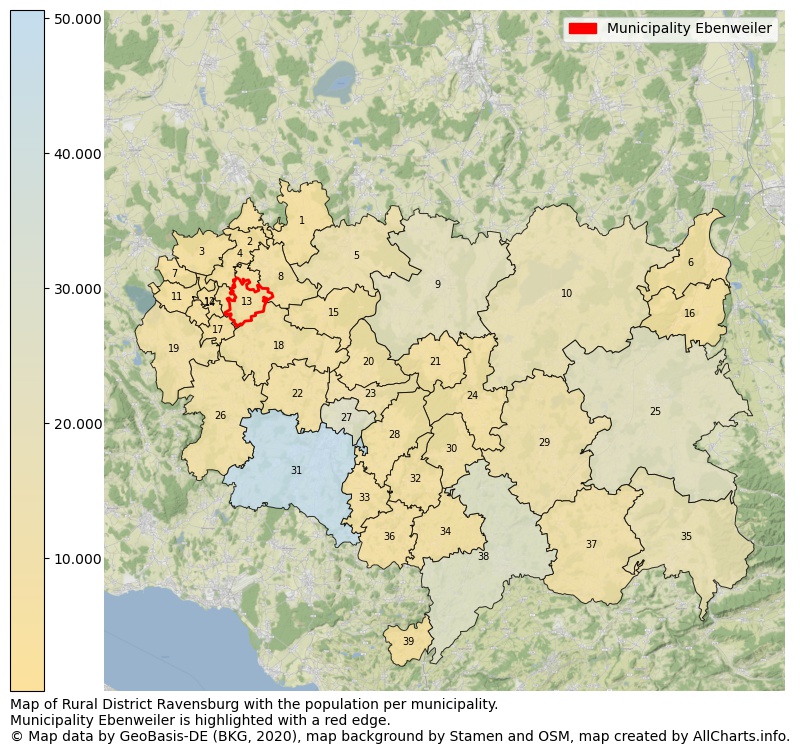 Map of Rural district Ravensburg with the population per municipality.Municipality Ebenweiler is highlighted with a red edge.. This page shows a lot of information about residents (such as the distribution by age groups, family composition, gender, native or German with an immigration background, ...), homes (numbers, types, price development, use, type of property, ...) and more (car ownership, energy consumption, ...) based on open data from the German Federal Agency for Cartography, the Federal Statistical Office (DESTATIS), the Regional Statistical Offices and various other sources!