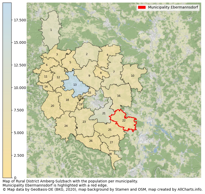 Map of Rural district Amberg-Sulzbach with the population per municipality.Municipality Ebermannsdorf is highlighted with a red edge.. This page shows a lot of information about residents (such as the distribution by age groups, family composition, gender, native or German with an immigration background, ...), homes (numbers, types, price development, use, type of property, ...) and more (car ownership, energy consumption, ...) based on open data from the German Federal Agency for Cartography, the Federal Statistical Office (DESTATIS), the Regional Statistical Offices and various other sources!