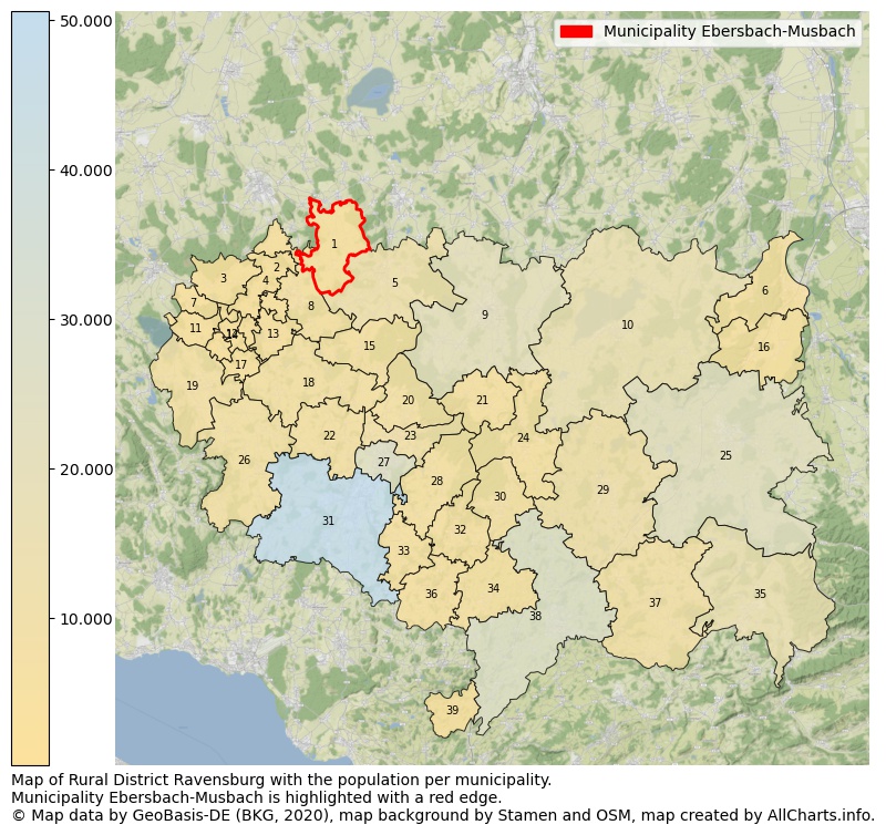 Map of Rural district Ravensburg with the population per municipality.Municipality Ebersbach-Musbach is highlighted with a red edge.. This page shows a lot of information about residents (such as the distribution by age groups, family composition, gender, native or German with an immigration background, ...), homes (numbers, types, price development, use, type of property, ...) and more (car ownership, energy consumption, ...) based on open data from the German Federal Agency for Cartography, the Federal Statistical Office (DESTATIS), the Regional Statistical Offices and various other sources!