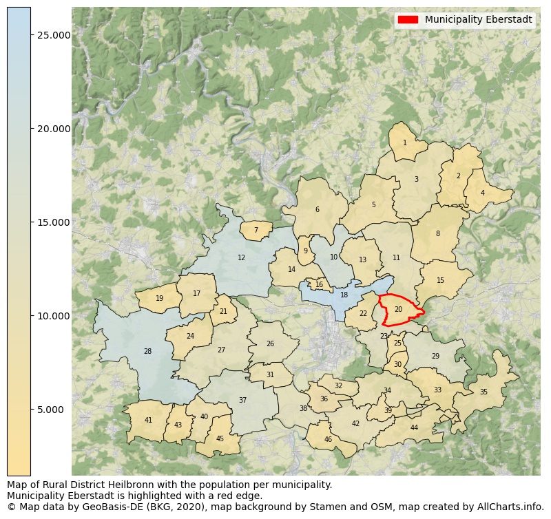 Map of Rural district Heilbronn with the population per municipality.Municipality Eberstadt is highlighted with a red edge.. This page shows a lot of information about residents (such as the distribution by age groups, family composition, gender, native or German with an immigration background, ...), homes (numbers, types, price development, use, type of property, ...) and more (car ownership, energy consumption, ...) based on open data from the German Federal Agency for Cartography, the Federal Statistical Office (DESTATIS), the Regional Statistical Offices and various other sources!