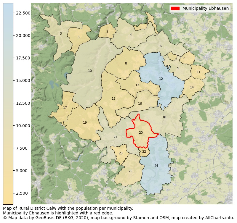 Map of Rural district Calw with the population per municipality.Municipality Ebhausen is highlighted with a red edge.. This page shows a lot of information about residents (such as the distribution by age groups, family composition, gender, native or German with an immigration background, ...), homes (numbers, types, price development, use, type of property, ...) and more (car ownership, energy consumption, ...) based on open data from the German Federal Agency for Cartography, the Federal Statistical Office (DESTATIS), the Regional Statistical Offices and various other sources!