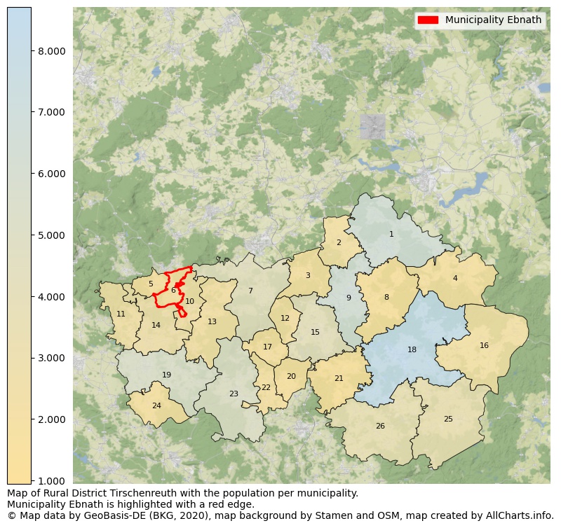Map of Rural district Tirschenreuth with the population per municipality.Municipality Ebnath is highlighted with a red edge.. This page shows a lot of information about residents (such as the distribution by age groups, family composition, gender, native or German with an immigration background, ...), homes (numbers, types, price development, use, type of property, ...) and more (car ownership, energy consumption, ...) based on open data from the German Federal Agency for Cartography, the Federal Statistical Office (DESTATIS), the Regional Statistical Offices and various other sources!