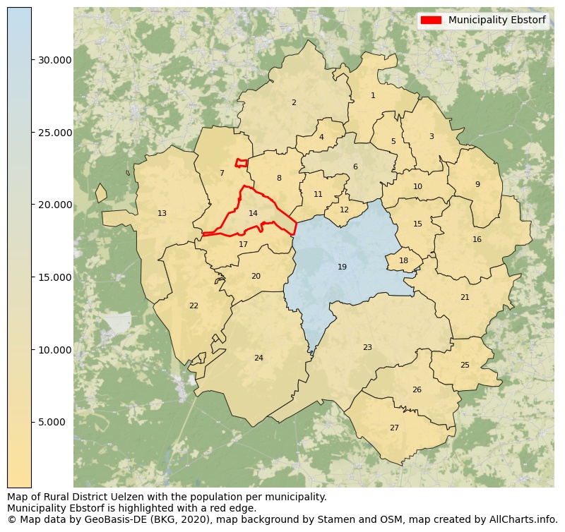 Map of Rural district Uelzen with the population per municipality.Municipality Ebstorf is highlighted with a red edge.. This page shows a lot of information about residents (such as the distribution by age groups, family composition, gender, native or German with an immigration background, ...), homes (numbers, types, price development, use, type of property, ...) and more (car ownership, energy consumption, ...) based on open data from the German Federal Agency for Cartography, the Federal Statistical Office (DESTATIS), the Regional Statistical Offices and various other sources!