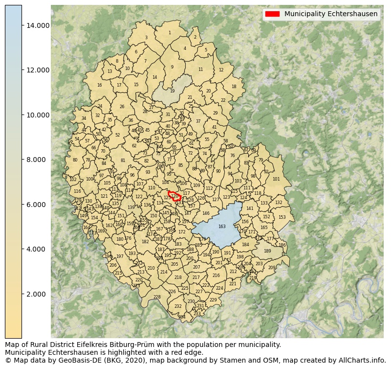 Map of Rural district Eifelkreis Bitburg-Prüm with the population per municipality.Municipality Echtershausen is highlighted with a red edge.. This page shows a lot of information about residents (such as the distribution by age groups, family composition, gender, native or German with an immigration background, ...), homes (numbers, types, price development, use, type of property, ...) and more (car ownership, energy consumption, ...) based on open data from the German Federal Agency for Cartography, the Federal Statistical Office (DESTATIS), the Regional Statistical Offices and various other sources!