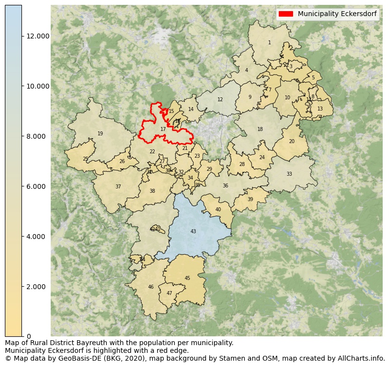Map of Rural district Bayreuth with the population per municipality.Municipality Eckersdorf is highlighted with a red edge.. This page shows a lot of information about residents (such as the distribution by age groups, family composition, gender, native or German with an immigration background, ...), homes (numbers, types, price development, use, type of property, ...) and more (car ownership, energy consumption, ...) based on open data from the German Federal Agency for Cartography, the Federal Statistical Office (DESTATIS), the Regional Statistical Offices and various other sources!