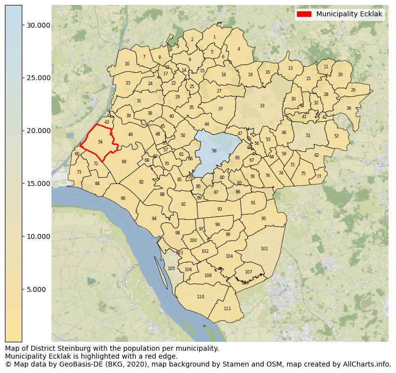 Map of District Steinburg with the population per municipality.Municipality Ecklak is highlighted with a red edge.. This page shows a lot of information about residents (such as the distribution by age groups, family composition, gender, native or German with an immigration background, ...), homes (numbers, types, price development, use, type of property, ...) and more (car ownership, energy consumption, ...) based on open data from the German Federal Agency for Cartography, the Federal Statistical Office (DESTATIS), the Regional Statistical Offices and various other sources!