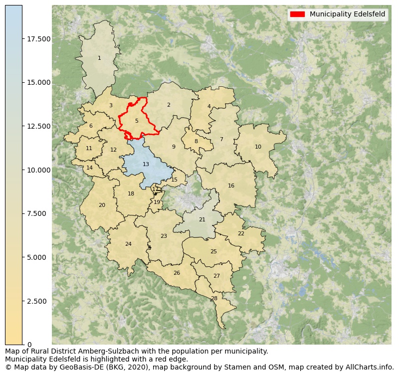 Map of Rural district Amberg-Sulzbach with the population per municipality.Municipality Edelsfeld is highlighted with a red edge.. This page shows a lot of information about residents (such as the distribution by age groups, family composition, gender, native or German with an immigration background, ...), homes (numbers, types, price development, use, type of property, ...) and more (car ownership, energy consumption, ...) based on open data from the German Federal Agency for Cartography, the Federal Statistical Office (DESTATIS), the Regional Statistical Offices and various other sources!