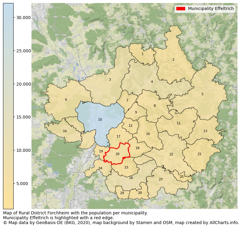 Map of Rural district Forchheim with the population per municipality.Municipality Effeltrich is highlighted with a red edge.. This page shows a lot of information about residents (such as the distribution by age groups, family composition, gender, native or German with an immigration background, ...), homes (numbers, types, price development, use, type of property, ...) and more (car ownership, energy consumption, ...) based on open data from the German Federal Agency for Cartography, the Federal Statistical Office (DESTATIS), the Regional Statistical Offices and various other sources!