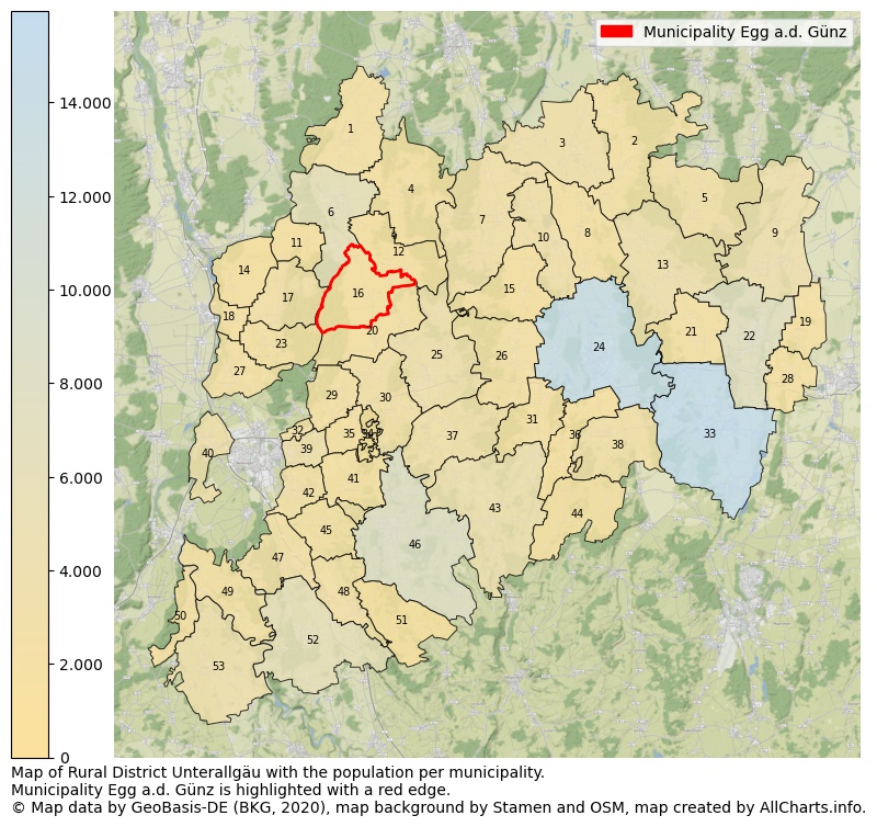 Map of Rural district Unterallgäu with the population per municipality.Municipality Egg a.d. Günz is highlighted with a red edge.. This page shows a lot of information about residents (such as the distribution by age groups, family composition, gender, native or German with an immigration background, ...), homes (numbers, types, price development, use, type of property, ...) and more (car ownership, energy consumption, ...) based on open data from the German Federal Agency for Cartography, the Federal Statistical Office (DESTATIS), the Regional Statistical Offices and various other sources!