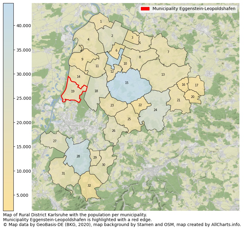 Map of Rural district Karlsruhe with the population per municipality.Municipality Eggenstein-Leopoldshafen is highlighted with a red edge.. This page shows a lot of information about residents (such as the distribution by age groups, family composition, gender, native or German with an immigration background, ...), homes (numbers, types, price development, use, type of property, ...) and more (car ownership, energy consumption, ...) based on open data from the German Federal Agency for Cartography, the Federal Statistical Office (DESTATIS), the Regional Statistical Offices and various other sources!