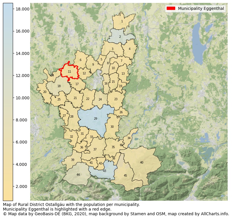 Map of Rural district Ostallgäu with the population per municipality.Municipality Eggenthal is highlighted with a red edge.. This page shows a lot of information about residents (such as the distribution by age groups, family composition, gender, native or German with an immigration background, ...), homes (numbers, types, price development, use, type of property, ...) and more (car ownership, energy consumption, ...) based on open data from the German Federal Agency for Cartography, the Federal Statistical Office (DESTATIS), the Regional Statistical Offices and various other sources!