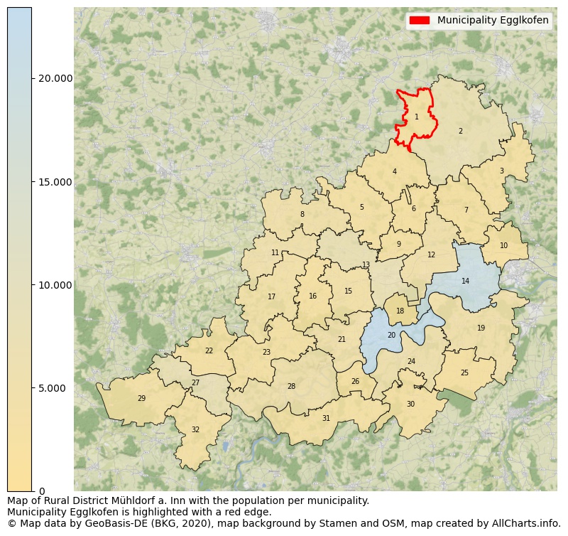 Map of Rural district Mühldorf a. Inn with the population per municipality.Municipality Egglkofen is highlighted with a red edge.. This page shows a lot of information about residents (such as the distribution by age groups, family composition, gender, native or German with an immigration background, ...), homes (numbers, types, price development, use, type of property, ...) and more (car ownership, energy consumption, ...) based on open data from the German Federal Agency for Cartography, the Federal Statistical Office (DESTATIS), the Regional Statistical Offices and various other sources!