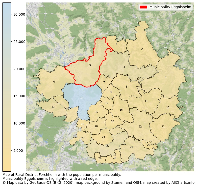 Map of Rural district Forchheim with the population per municipality.Municipality Eggolsheim is highlighted with a red edge.. This page shows a lot of information about residents (such as the distribution by age groups, family composition, gender, native or German with an immigration background, ...), homes (numbers, types, price development, use, type of property, ...) and more (car ownership, energy consumption, ...) based on open data from the German Federal Agency for Cartography, the Federal Statistical Office (DESTATIS), the Regional Statistical Offices and various other sources!